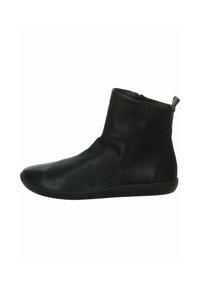Bottines noires en cuir avec une texture lisse, bout rond et fermeture éclair à l'arrière ; semelle en caoutchouc flexible.
