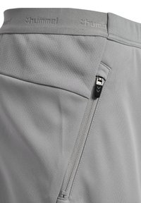 Grijze sportshorts met een gestructureerde tailleband, een ritssluiting aan de zijkant en een slank, glad fabrieksontwerp.