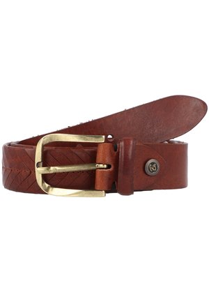 Ceinture en cuir tressé brun avec une boucle en métal doré mat et un seul passant en cuir, présentant une texture lisse et des bords nets.