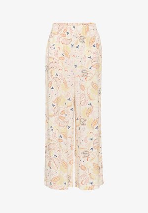 Pantalons légers à jambières larges avec un motif floral présentant des accents orange, jaune et bleu sur un fond pâle. Taille élastique.