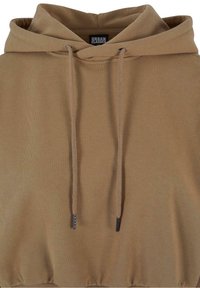 Sweat à capuche marron avec cordons, embouts métalliques et étiquette Urban Classics à l'intérieur du col.
