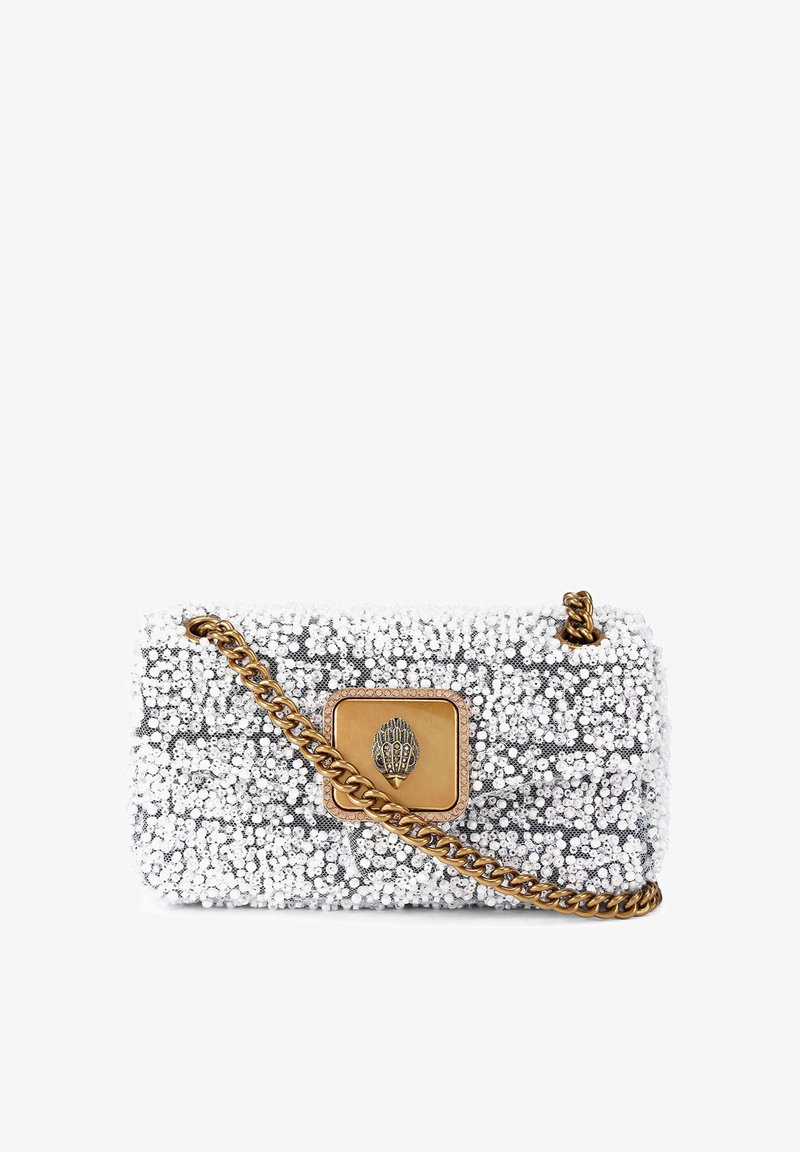 Beaded clutch bag featuring a silver exterior with a textured finish, gold chain strap, and a metallic accent clasp on the front.