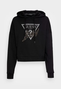 Black cropped hoodie with drawstring, featuring a triangular logo in silver and white, textured accents, and ribbed cuffs at the sleeves.