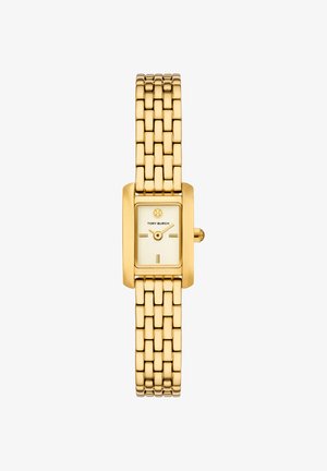 Gold-tone rectangular wristwatch with linked bracelet, cream dial, minimal hour markers, and Tory Burch logo at 12 o’clock.