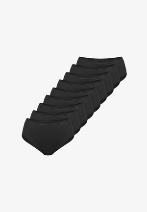 Zwarte katoenen high-waisted ondergoed met een gladde textuur, voorzien van een elastische tailleband en een eenvoudig ontwerp. Verpakking met tien stuks weergegeven.
