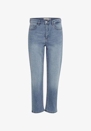 Jeans in denim blu chiaro a vita alta con gamba dritta, chiusura con bottone e zip frontali, passanti per cintura e tasche anteriori e posteriori.