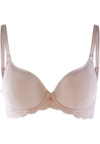 Beige beha met gladde cups, kantafwerking aan de onderkant en verstelbare schouderbandjes. Opvallend strikdetail in het midden, naadloos ontwerp voor comfort.