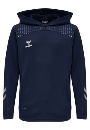 Marineblauwe hoodie met een gestructureerd paneel over de borst, voorzien van een logo en zilveren accenten op de mouwen. Gemaakt van ademend materiaal.
