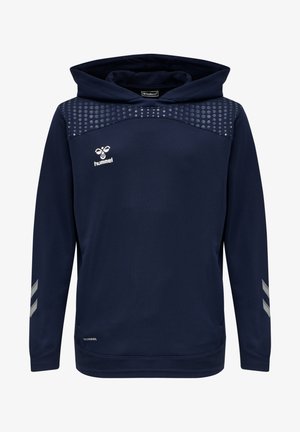 Navyblauer Kapuzenpullover mit strukturiertem Einsatz über der Brust, versehen mit einem Logo und silbernen Akzenten an den Ärmeln. Aus atmungsaktivem Material hergestellt.