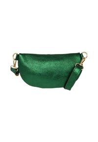 Sac à main en cuir métallique vert avec une forme arrondie, quincaillerie dorée et une bandoulière détachable. Texture lisse avec une finition brillante.