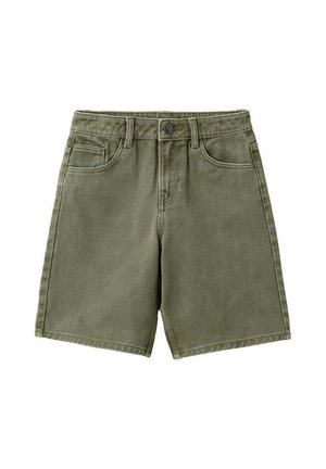 Pantaloncini in denim verde oliva con bottone frontale, cerniera, passanti per cintura e tasche frontali e porta monete, distesi su sfondo bianco.