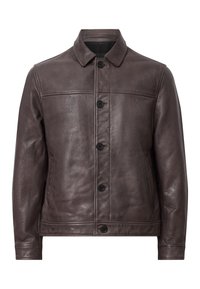 Veste en cuir brun foncé avec une fermeture à boutons, un col droit et des poches latérales, présentée sur un fond blanc.