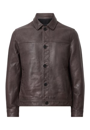 Dark brown leather jacket with a button front, straight collar, and side pockets, shown against a white background.