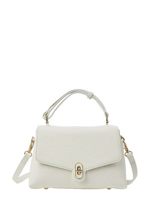 Bolso de mano de cuero blanco texturizado con cierre dorado, asa superior y correa de hombro desmontable sobre un fondo blanco.