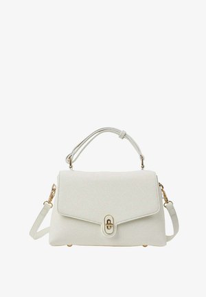 Bolso de mano de cuero blanco texturizado con cierre dorado, asa superior y correa de hombro desmontable sobre un fondo blanco.