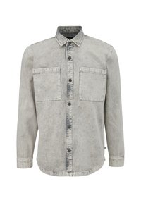Lichtgrijze denim shirt met lange mouwen, knoopsluiting aan de voorkant, twee borstzakken en een vervaagde textuur. Voorzien van een klassieke kraag en contrasterende stiksels.