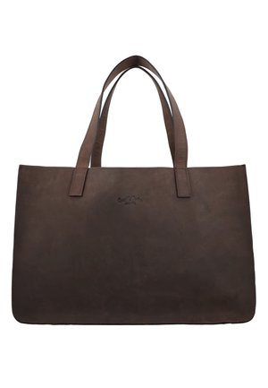 Große rechteckige dunkelbraune Ledertasche mit zwei Griffen und einem kleinen geprägten Markenlogo in der Mitte.