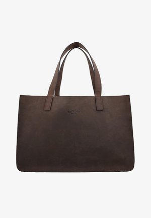 Große rechteckige dunkelbraune Ledertasche mit zwei Griffen und einem kleinen geprägten Markenlogo in der Mitte.