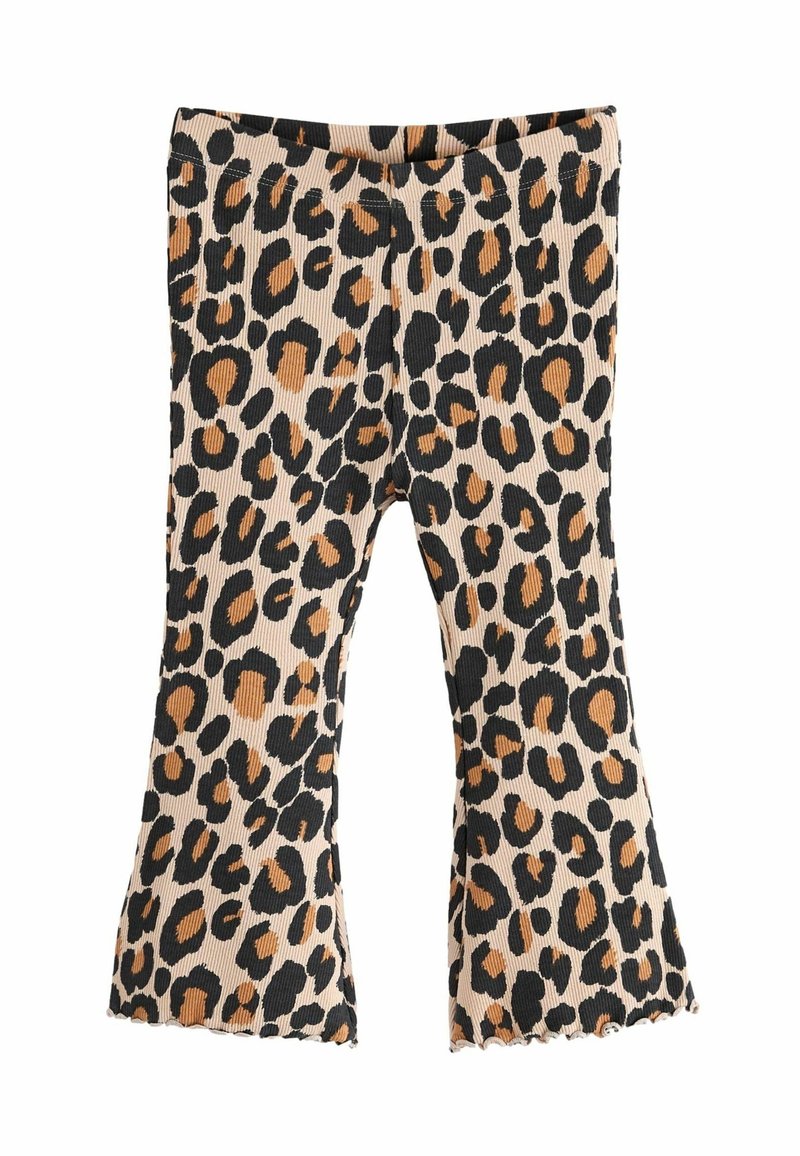 Leggings pour enfants en tissu côtelé avec imprimé léopard brun et noir et légère évasement au bas.