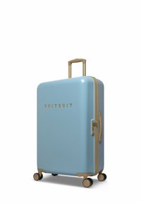 Blauwe harde koffer met gouden accenten, ritssluiting, vier wielen en een uitschuifbare handvat. Voorzien van een reliëf merklogo aan de voorkant.