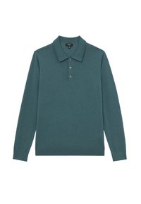 Cămașă polo cu mânecă lungă, de culoare teal, realizată dintr-un material moale, având un guler clasic, o plachetă cu trei nasturi și manșete și tiv zimțat.