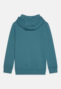 Sweatshirt azul-petróleo com um bolso canguru, punhos e bainha canelados. Tecido suave com um acabamento texturizado e um capuz de duas camadas. Vista traseira mostrada.