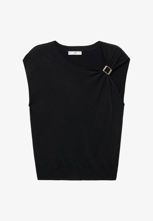 Haut sans manches noir avec un col rond et un détail de boucle en tissu froncé sur l'épaule droite.