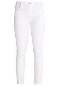 Vita smala jeans gjorda av bomullsblandat tyg, med knäppning, fem fickor och en slät yta.