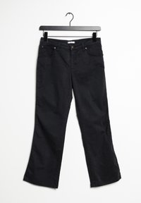 Zwarte denim jeans met een losse pasvorm, vijfzakkenontwerp, rechte pijpen en een knoopsluiting. Het materiaal lijkt zacht met een licht gestructureerde afwerking.