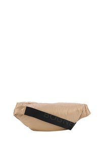 Marsupio in nylon beige con una texture liscia, dotato di una tracolla nera regolabile con la scritta "BOGNER" in rilievo. Forma ergonomica e design imbottito.