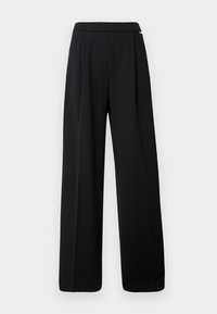 Pantaloni neri a gamba larga realizzati in un tessuto liscio, caratterizzati da un design semplice e una vita elasticizzata, senza motivi o accenti visibili.