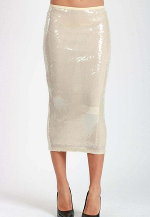 Gonna a matita beige con paillettes, tessuto testurizzato, lunghezza al ginocchio, design aderente e una cintura in vita. Abbinata a classiche décolleté nere.