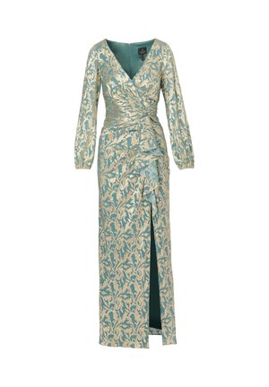 Robe longue bleu sarcelle avec un motif floral doré, col en V, manches longues, taille cintrée et fente latérale ; fermeture éclaire à l'arrière.