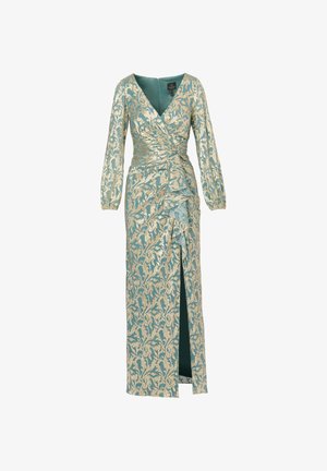 Robe longue bleu sarcelle avec un motif floral doré, col en V, manches longues, taille cintrée et fente latérale ; fermeture éclaire à l'arrière.