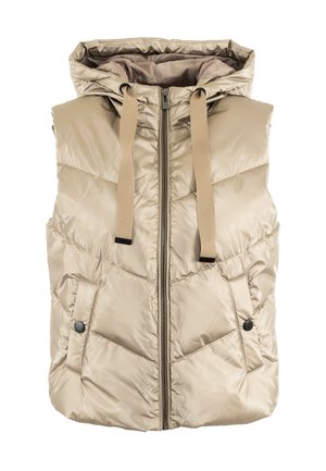Gilet imbottito beige con cappuccio, chiusura con zip e due tasche frontali. Presenta un design con cuciture verticali e lacci a contrasto.