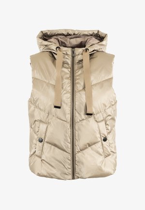 Beige puuvillavest, millel on kapuuts, tõmblukk ja kaks esikotti. Omab vertikaalset tikandimustrit ja kontrastseid nööre.