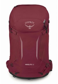 Hikelite 32 rugzak in diep rood, met een afgeronde bovenkant, ritsluiting, logo en mesh accenten voor ventilatie. Inclusief verstelbare banden.