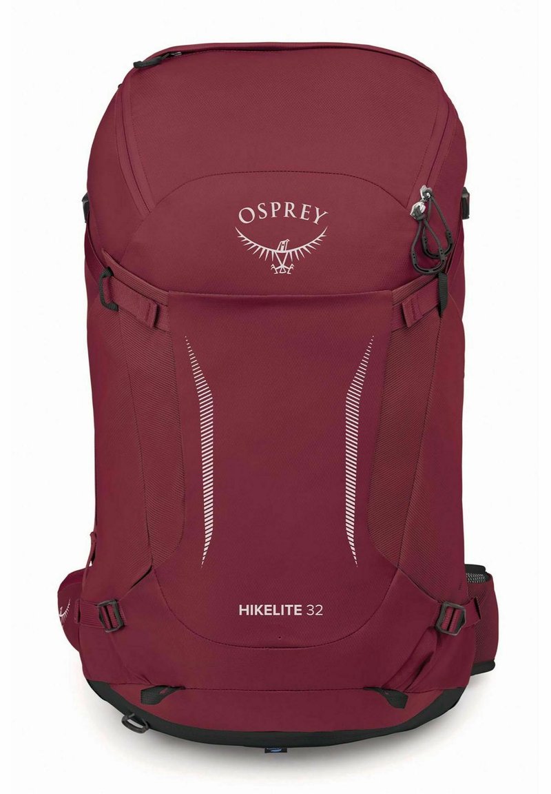 Hikelite 32 rugzak in diep rood, met een afgeronde bovenkant, ritsluiting, logo en mesh accenten voor ventilatie. Inclusief verstelbare banden.