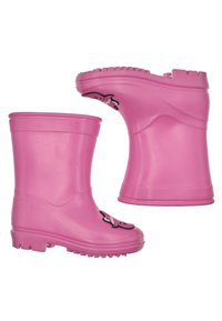 Bottes en caoutchouc roses avec une finition brillante, présentant un motif de papillon noir à l'avant et des semelles texturées et robustes pour une meilleure adhérence.