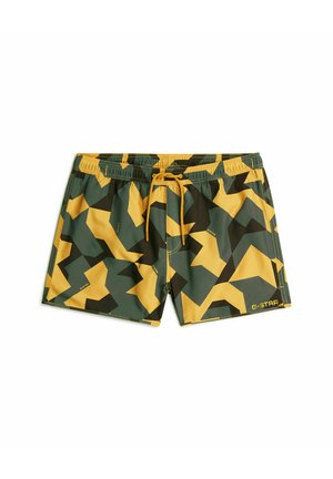 Groen en geel geometrisch bedrukt zwembroek met elastische tailleband en trekkoord, met het merk G-STAR op het onderste rechterbeen.