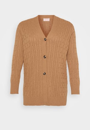 Cardigan en tricot torsadé de couleur marron chaud, avec un col en V, cinq boutons sur le devant et des poignets et un ourlet côtelés. Tissu doux et texturé.