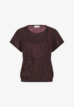 Dark maroon floral-patterned top with a round neckline, short sleeves, and an elasticized hem. Made from soft, textured fabric.