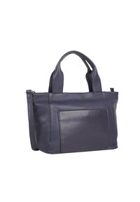 Marineblaue Lederhandtasche mit strukturierter Form, texturiertem Finish, doppelten Obergriffen und einem glatten Vorderseitentaschen-Detail. Reißverschlussverschluss an der Oberseite.