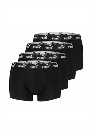 Schwarze Baumwoll-Boxershorts im Viererpack, mit einem breiten elastischen Bund, der das PUMA-Logo in Weiß und Grau trägt.