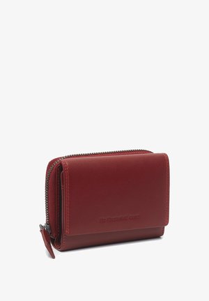 Red leather wallet with a zippered compartment and stitched edges, embossed with a brand name on the front flap.
