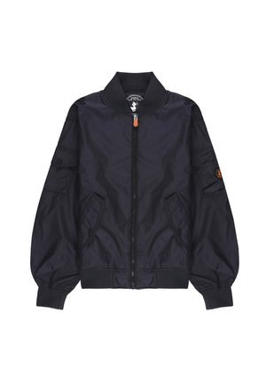 Giacca bomber nera leggera con cerniera frontale, due tasche oblique, tasca con bottone sulla manica, polsini a costine e una piccola toppa con logo sul braccio.