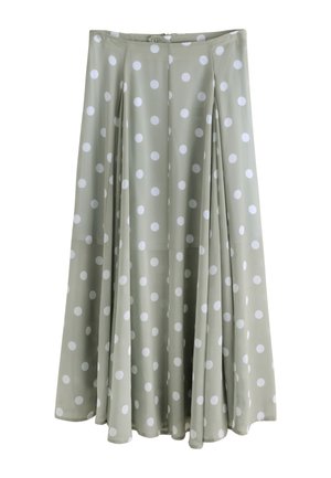 Jasnozielona spódnica midi w białe kropki, plisowany fason i zamek błyskawiczny z tyłu.
