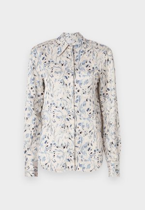Long-sleeve shirt in light cream fabric featuring a blue floral pattern with dark accents and a pointed collar. Button-front design.
