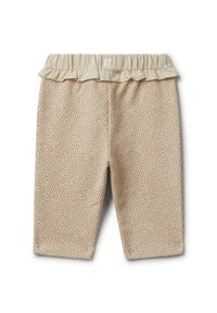 Světlé béžové legíny s malým vzorem rezavých teček, elastický pas s rýhováním na vrchu, měkká textilie.