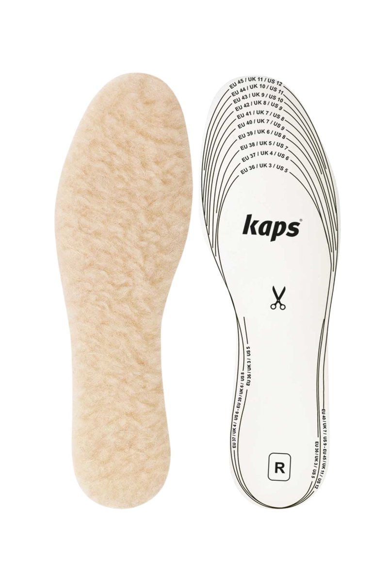 Kaps sulor med en strukturerad beige ovansida och en vit bas med tryckta storleksmått och en saxikon för beskärning.